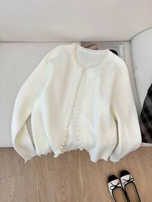 女士秋冬纯色日常外套珍珠边撕边长袖羊毛开衫 - 米色 - 查看 4