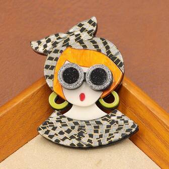 1 st retro tecknad flicka med huvudduk roligt uttryck akrylbrosch, moderiktigt nytt bröstblommigt ryggsäckstillbehör, slumpmässigt huvudduk och klädmönster