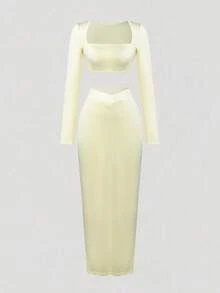 2pcs Women's Summer Solid Color Outfit - Cropped Long Sleeve Top And Bodycon Skirt Set, Fitted Sexy Fashion Versatile Suit For Dates, Vacation - Light Yellow - View 5