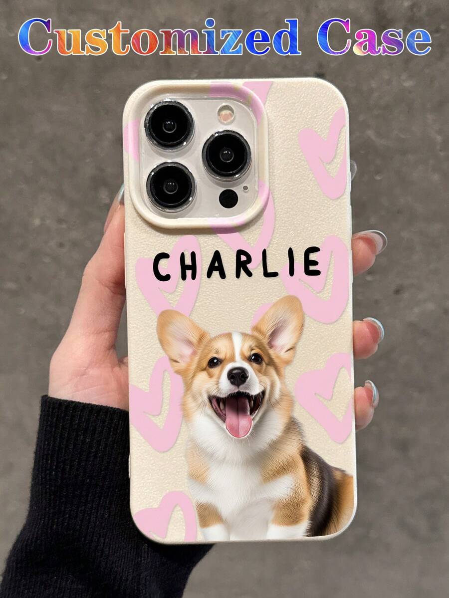 1个定制宠物狗/猫照片手机壳，心形图案，多色可选，可个性化定制文字/短语，亮面保护壳，兼容 11/12/13/14/15/16 Pro Max、S23/S24/S25 Ultra 5G、A13/A14/A15/A16/A33/A34/A35/A55/A56，少女心用品 - 米色 - 查看 1