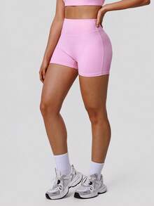 Sodalemon Women Fitness No Front Seam Casual Lift Buttocks Solid Color Yoga Running Sport Shorts - Pink - View 6