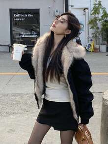 Distressed Vintage Washed Short Padded Coat With Detachable Fur Collar, Unisex Deconstructed Streetwear Style