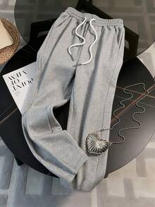 女士新款时尚休闲舒适灰白拼接撞色蜂蜜刺绣弹力腰两件套，纯色设计，适合秋冬春季休闲、居家、日常、户外、通勤穿着。 - 灰色 - 查看 5