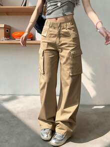 1 pieza Pantalón cargo informal de diseño de moda para niñas preadolescentes - Caqui - Ver 4