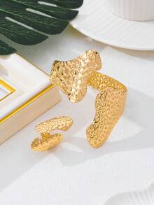 1 Set Creative Asymmetric Hammered Texture Bangle & Ring Jewelry Set, Fashionable European & American Style Accessories For Women - Yellow Gold - View 5