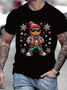 An Interesting Men's Short-Sleeved T-Shirt With A Christmas Gingerbread Pattern In A Standard Fit Style. - Black - View 1
