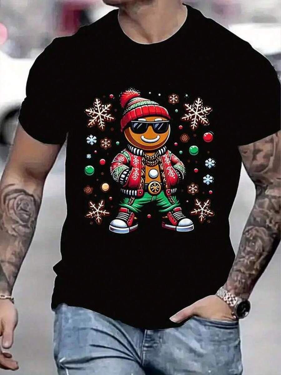 An Interesting Men's Short-Sleeved T-Shirt With A Christmas Gingerbread Pattern In A Standard Fit Style. - Black - View 1