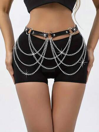 1pc Women's Dark Sexy Waist Cincher Belt With Layered Chain Decor, Suitable For Carnival Parties Or Masquerade Ball Outfits