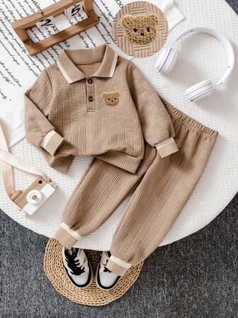 Bhchntiy 2 st/set babypojke höst/vinter ny lapptäcke ribbad söt björnkrage jacquardtyg enfärgad tröja och enfärgade jacquardtyg byxor casual mode outfit