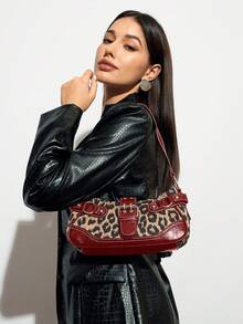 New Fashion Buckle Leopard Print Handbag & Shoulder Bag, Suitable For Parties, Outings, Vacations, Shopping And Daily Use, Can Store Coins, Phones, Also Suitable As A Work Bag For Office Ladies, College Students And Working Women, Elegant Ladies Bag - Đỏ - Xem 4