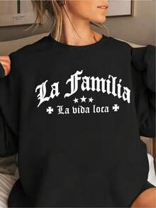 1PCS1 Piece Women's LA FAMILIA LA BIOA LOCA Spanish Text Y2K Sweater - Beige/White Pullover, Black Gothic Font Print, Soft Loose Fit, Suitable For All Seasons Casual Sweater, Latin Culture Enthusiasts And Spanish Clothing, Round Neck Loose Fit, Machine Washable, Fashion Y2K Style, With LA FAMILIA LA BIOA LOCA Print, Soft And Comfortable, Can Be Layered Or Worn Alone-Premium Cotton Graphic Printed Round Neck T-Shirts-365T - 黑色 - 查看 2