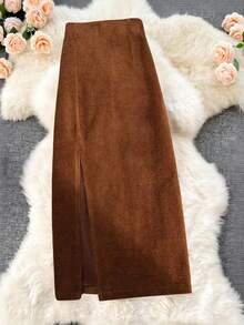 Elegant Vintage A-Line Side Slit Mid-Length Skirt For Women Casual Spring - Mocha Brown - View 5