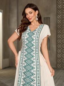 Women's V-Neck Minimalist Tie Decor Cap Sleeve Bat Wing Sleeve Hem Cap Sleeve Everyday Arabic Dress - Apricot - View 3