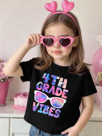 Young Girl Letter & Glasses Print Round Neck Short Sleeve Casual Versatile T-Shirt