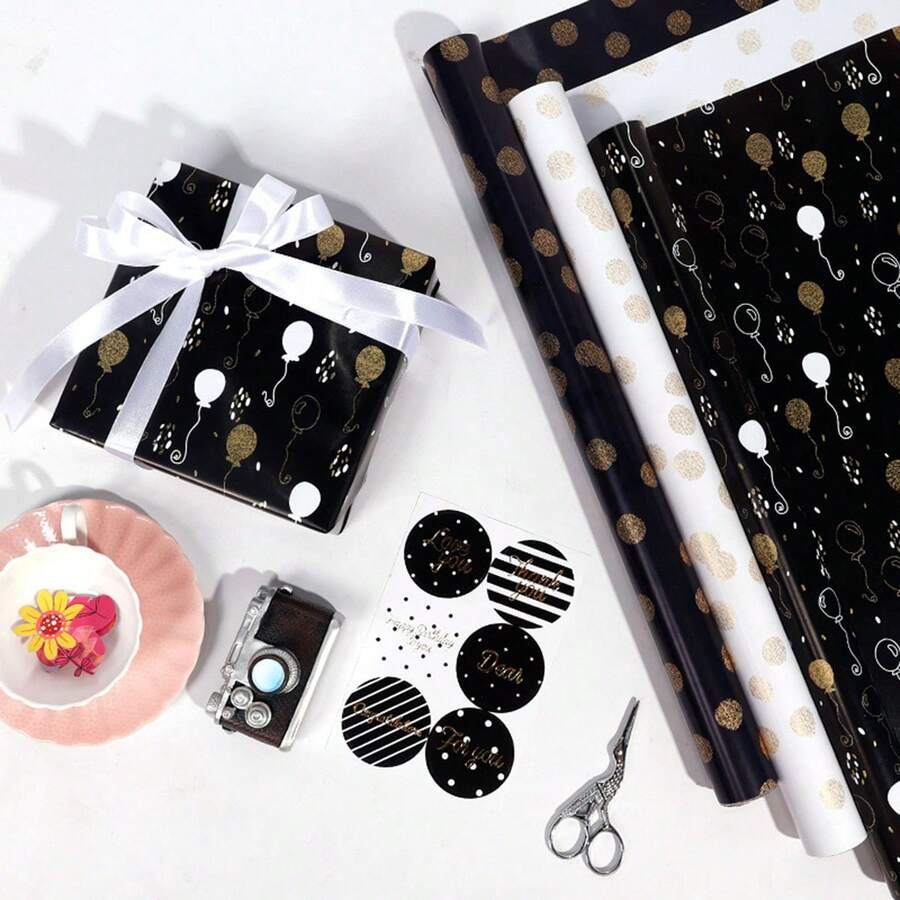 1 Roll Of Valentine's Day Mother's Day Wedding Party Gifts Birthday Gift Wrapping Paper Balloon Polka Dot Black And Gold Craft Diy Gift High-End Matching - Multicolor - View 1