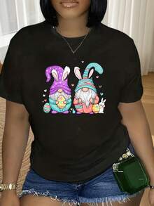 Women's Black And White Round Neck T-ShirtEaster Gnomes Bunny Hat Couple Cartoon T Shirt Women Spring Holiday Fun Design Black Cotton TopMerry Christmas, Party, Party Gift - 黑色 - 查看 1