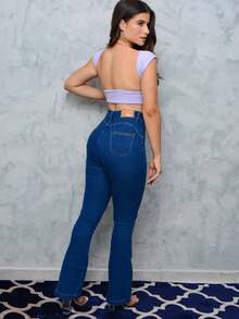 Women's High-Waisted Flare Jeans, Blue, Escora – Maxxi Primeiro Jeans - Rửa tối - Xem 6