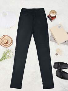 Quần skinny cạp cao, màu trơn, chất liệu da PU co giãn, có nút cài, hiệu Yuwenier, thích hợp mặc đi dự tiệc âm nhạc. Màu đen. - màu đen - Xem 4