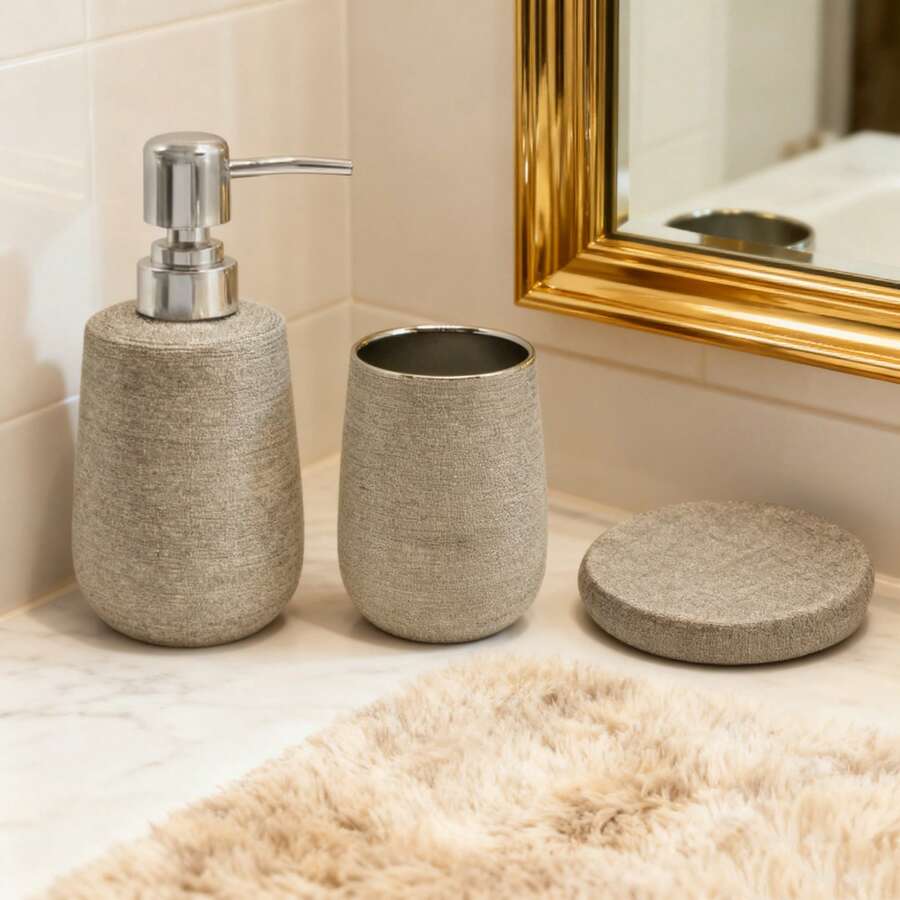 3pcs Satin Ceramic Bathroom Set With A Textured Feel, Simple And Sophisticated. Bathroom Items, Household Items, Including Hand Soap / Hand Cream Dispenser, Soap Dish And Toothbrush Cup; Bathroom Home Decor; Cream And Shampoo Dispenser; Bathroom Toothbrush Cup; Bathroom Set; Bathroom Tools; Bathroom Accessories - Light Grey - View 1