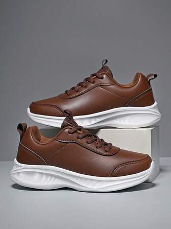 Women's Brown Outdoor Casual Shoes, PU Leather Waterproof Lace-Up Low-Top Soft Bottom Lightweight Shock-Absorbing Running Sneakers, Winter