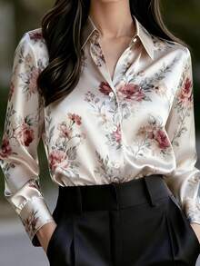 Elegant Women's Satin Printed Button-Up Blouse, Suitable For Spring And Autumn - Apricot - View 3
