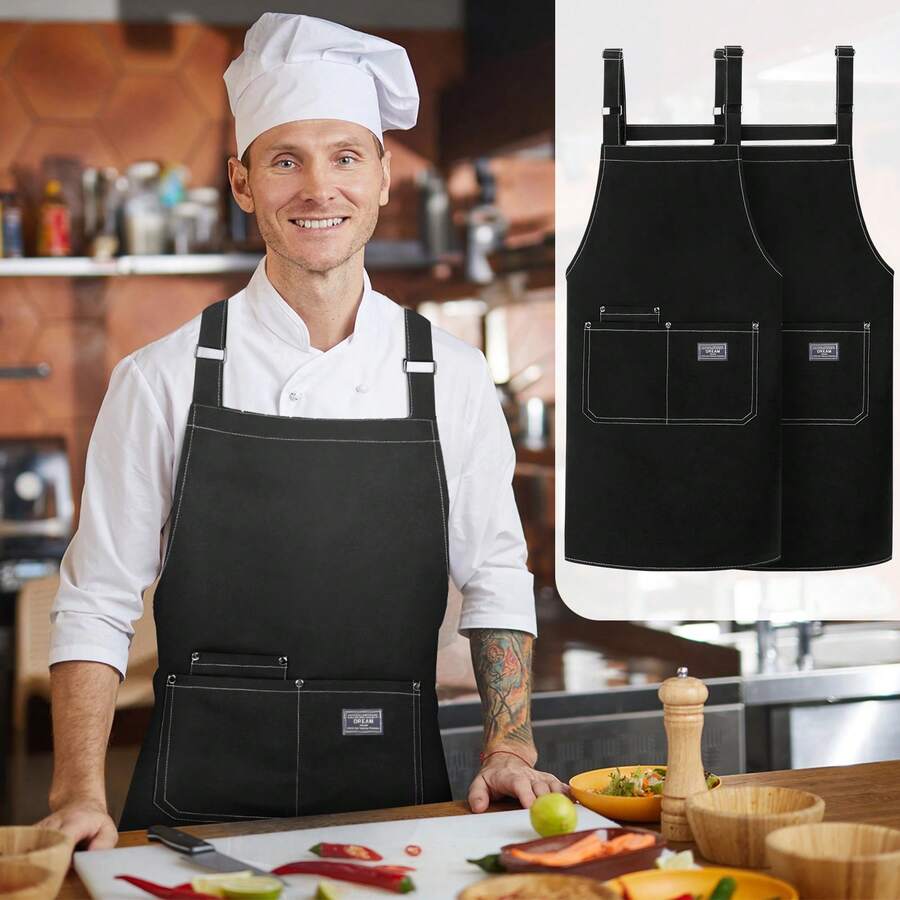 Heavy-Duty Aprons 2 Packs, 100% Hand-Stitched Fabric, Multi-Pocket Design, Adjustable Shoulder And Neck, Suitable For Kitchen, BBQ, Coffee Shop, Hairdresser, Carpenter, Painter - Multicolor - View 1