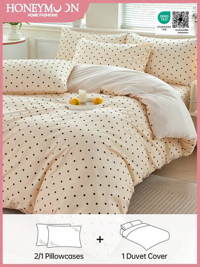 2/3 Pcs Black Polka Dot Printed Duvet Cover Bedding Set, Button Closure Duvet Cover - 1 Duvet Cover And 1/2 Pillowcases, Breathable And Lightweight, Great Gift For Loved Ones (Comforter Not Included), Suitable For Twin, Full, Queen, King Size Beds