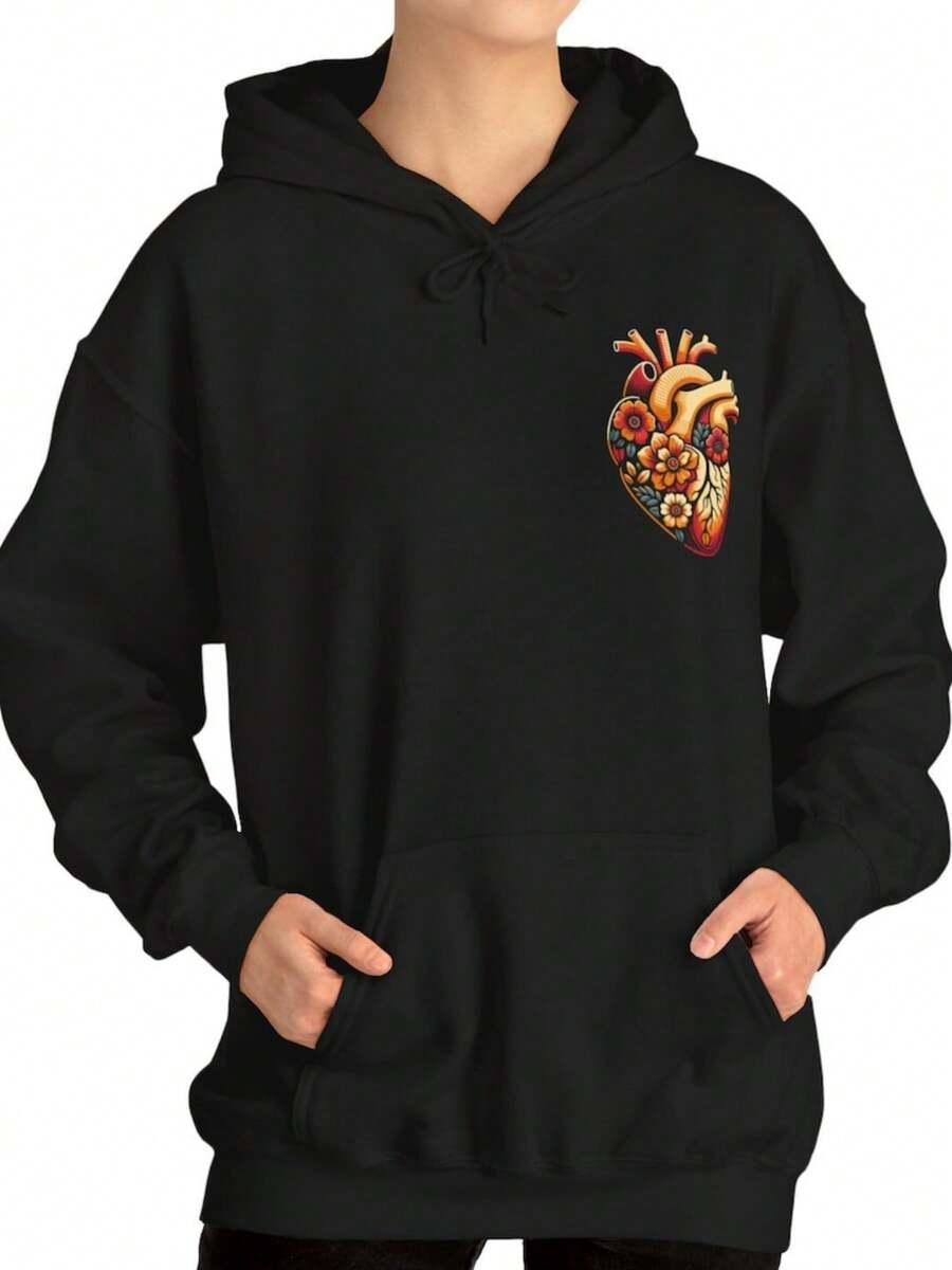 Floral Heart Graphic Hoodie Warm Blooded Art - Black - View 1