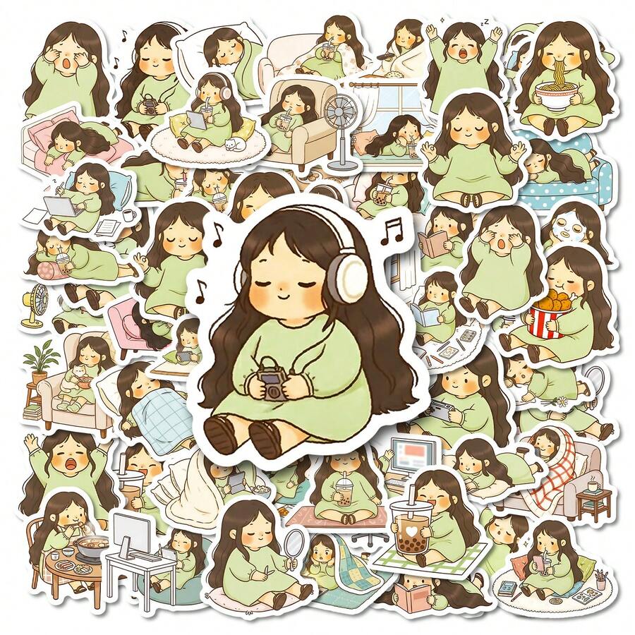 56Pcs Cute Cartoon Slouchy Girl Graffiti Stickers Q Version Cute Girl Decorative Luggage Stickers