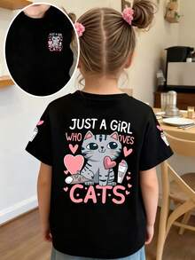 Camiseta casual de manga corta con cuello redondo y gráfico de gato de dibujos animados para niña - Negro - Ver 1