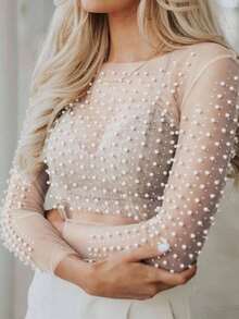 Women's Sheer, Sparkling Pearl And Rhinestone Embellished Top, Round Neck, Long Sleeves, Sheer Mesh Blouse, Suitable For Wedding Guests. - Putih - View 2