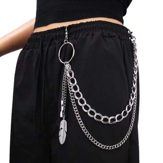 1 Piece Unisex Street Style Pants Chain With Silver Feather Pendant Multi-Layer Chain Details, For Personalized Decoration, Suitable For Daily Outings And Fashion Parties.