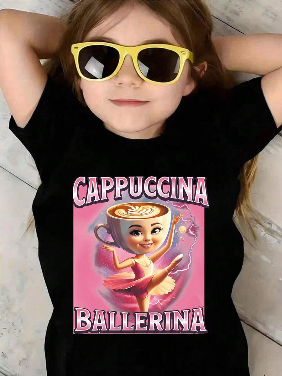 Áo thun cổ tròn tay ngắn in họa tiết hoạt hình và chữ cái cho bé gái - màu đen - Xem 1