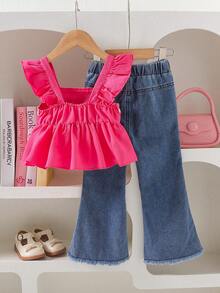 Conjunto Confortável de Top Camisole e Calça Flare Denim com Decoração de Laço, Tecido com Textura de Acabamento Floral Vintage - Pink - Visão 2