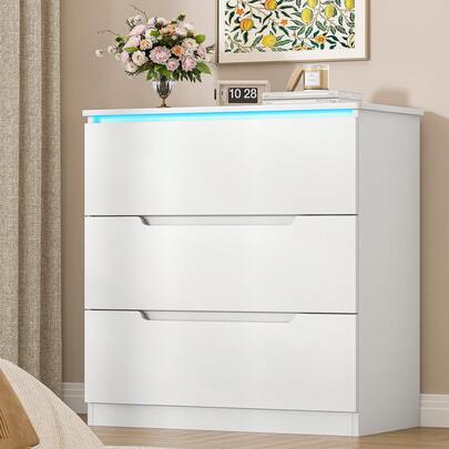 HEXCELEN Cómoda 3 Cajones, Cajonera Dormitorio, Armario Auxiliar con Tira de luz LED, Cómoda Dormitorio, Estilo Moderno, para Salón, Dormitorios, Pasillo, 40 x 70 x 80 cm, Blanco