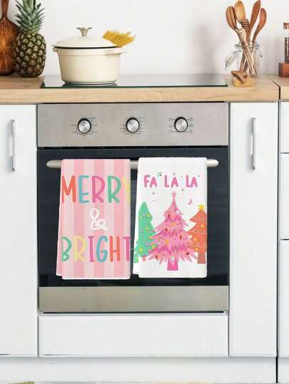 2 Pcs Colorful Christmas Tree Pattern Towels - Pink Vertical Striped Soft Absorbent Kitchen Dish Towels Hand Tea Towels Machine Washable For Holiday Party Home Indoor Dish Drying Decor  Christmas Gifts For Festive Lovers In North America