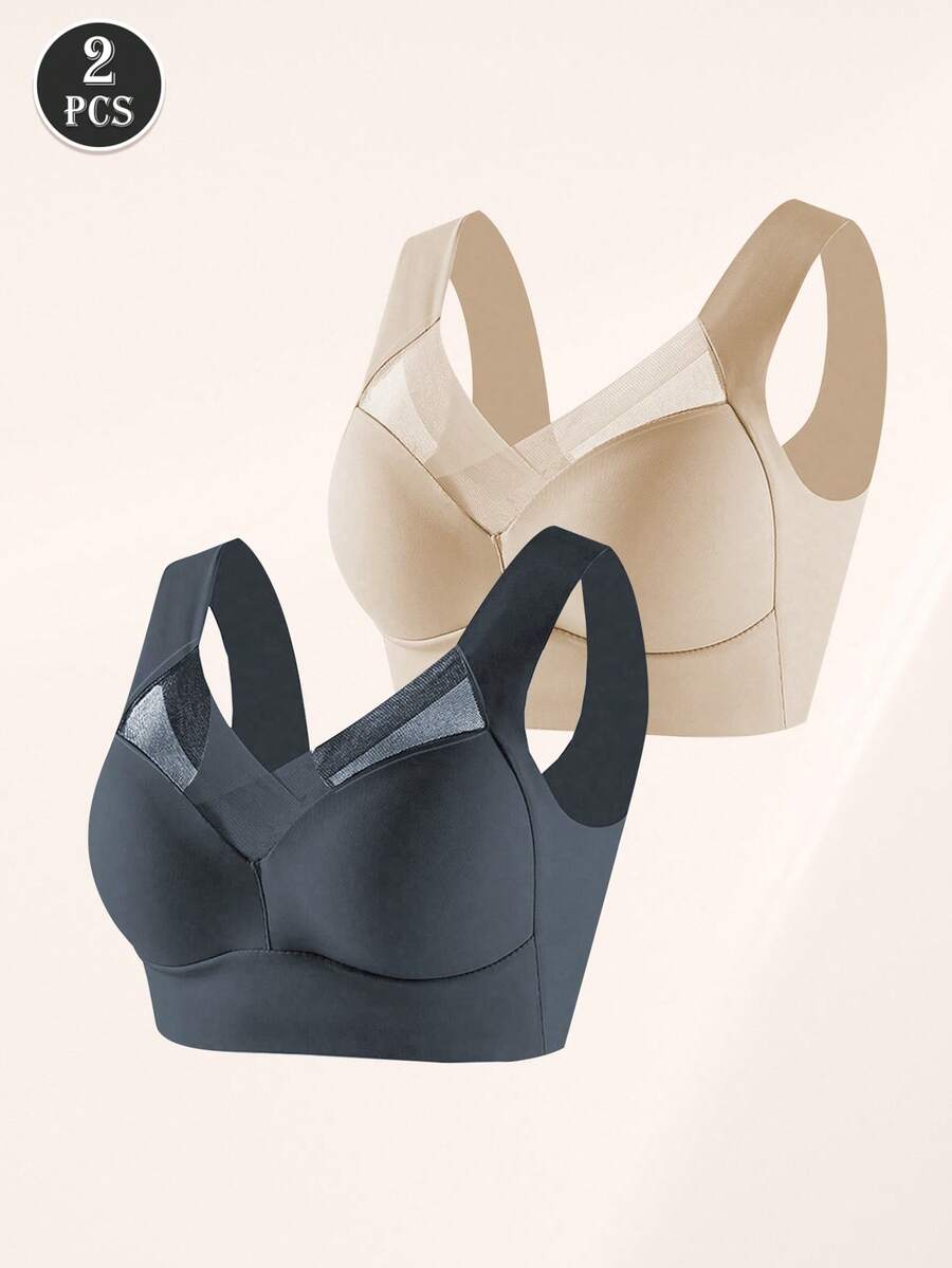 2件装无缝文胸，女士无背文胸，固定罩杯无钢圈文胸，柔软亲肤无钢圈文胸，透气隐形文胸，舒适防下垂