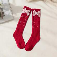 Calcetines hasta el muslo para niñas pequeñas, con lazos bonitos y elegantes, hasta la rodilla. - Rojo - Ver 4