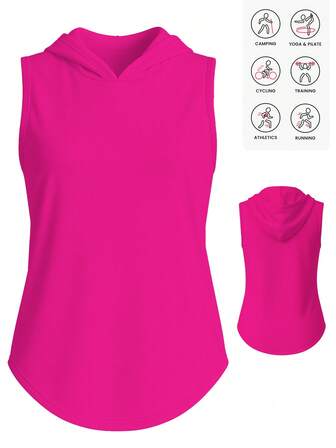 Plain Color Sleeveless Hooded Sports Tank Top, Women Workout Activewear Suitable For Gym, Running, Exercise, Home