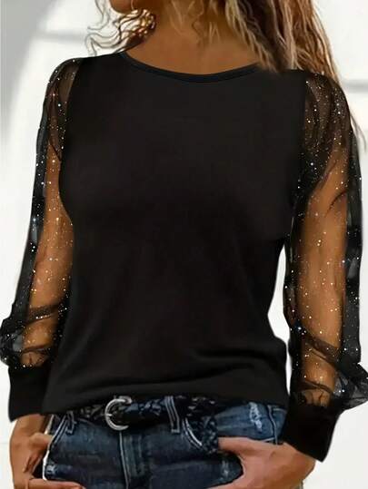 Plus Size Women's Round Neck Bishop Sleeve Top, Long Sleeve Knit Fabric Regular Length Contrast Color Mesh Sequin Sheer Detail Solid Color Mesh Patchwork Casual Blouse, Suitable For Valentine's Day
