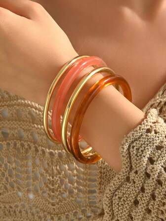 4pcs/Set Vintage Tie Dye Resin & Iron Bangle Bracelet Set For Women, Suitable For Daily Wear (Tie Dye Color Random)