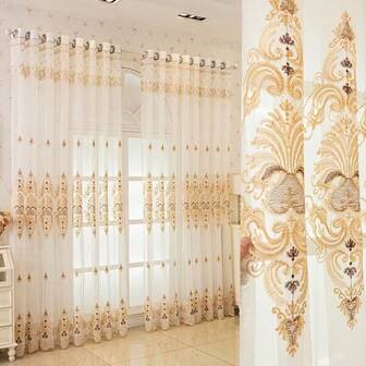 1pc Luxury European Style Embroidered Curtain, With Top Hanging Rings, Window Decor, Suitable For Bedroom, Living Room, Room Divider, Home Decoration