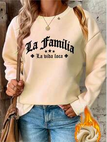 1PCS1 Piece Women's LA FAMILIA LA BIOA LOCA Spanish Text Y2K Sweater - Beige/White Pullover, Black Gothic Font Print, Soft Loose Fit, Suitable For All Seasons Casual Sweater, Latin Culture Enthusiasts And Spanish Clothing, Round Neck Loose Fit, Machine Washable, Fashion Y2K Style, With LA FAMILIA LA BIOA LOCA Print, Soft And Comfortable, Can Be Layered Or Worn Alone-Premium Cotton Graphic Printed Round Neck T-Shirts-365T - 杏色 - 查看 4