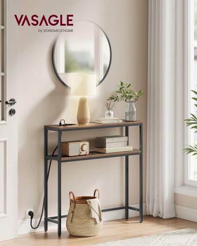 Tavolo Consolle, Tavolo Stretto a 2 Ripiani Portaoggetti, 20 x 80 x 80 cm, per Soggiorno, Corridoio, Ingresso, Marrone Vintage e Nero Inchiostro