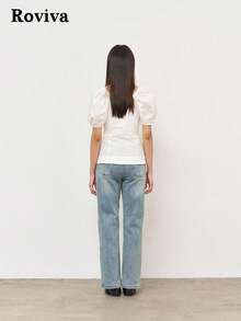 Camicia Roviva 2026 primavera/estate con maniche a palloncino, scollo quadrato, spalle scoperte convertibili e maniche corte. Design a maniche corte adatto per primavera/estate. Abbigliamento casual con jeans, semplice e fresco. Adatto per raduni all'aperto del 4 luglio. - Bianco - Visualizzare 3