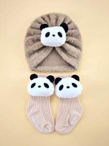 2件套婴儿冬季卡通发带帽+袜子套装，0-6个月，柔软绒面帽袜组合，保暖婴儿头饰套装 - 彩色 - 查看 20