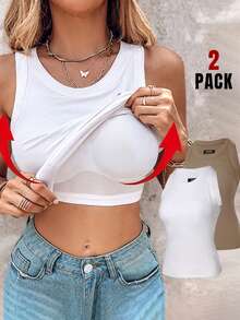 ChicMe 2pcs Built-In Bra Ribbed Knit Sleeveless Camisole, Fitted Slimming Casual Tank Top Summer - Style 7 - View 4