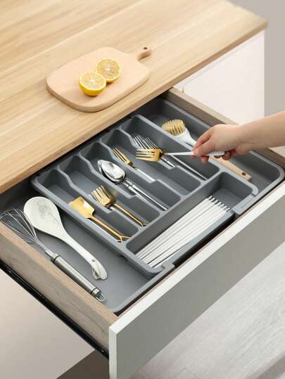 1个可伸缩可调节餐具银色收纳盒，餐具勺子厨房工具餐具抽屉收纳盒/餐具收纳架，适用于厨房抽屉/餐桌抽屉