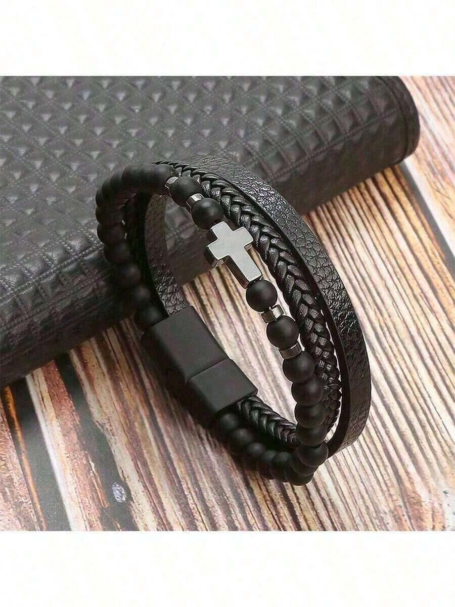 Leather & Beads Decor Black Obsidian Bracelet - màu đen - Xem 1
