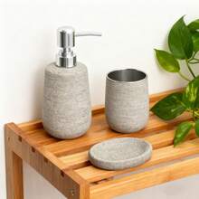 3pcs Satin Ceramic Bathroom Set With A Textured Feel, Simple And Sophisticated. Bathroom Items, Household Items, Including Hand Soap / Hand Cream Dispenser, Soap Dish And Toothbrush Cup; Bathroom Home Decor; Cream And Shampoo Dispenser; Bathroom Toothbrush Cup; Bathroom Set; Bathroom Tools; Bathroom Accessories - Light Grey - View 5